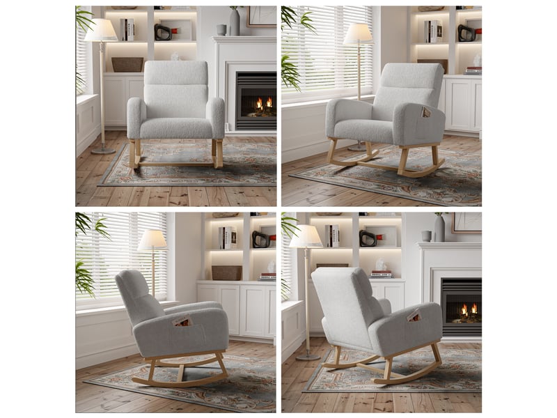  Fauteuil à bascule moderne - pieds bois massif et dos haut, autocollants antidérapants, poches latérales, 78x69x87 cm - gris clair matière teddy  - Conforama D