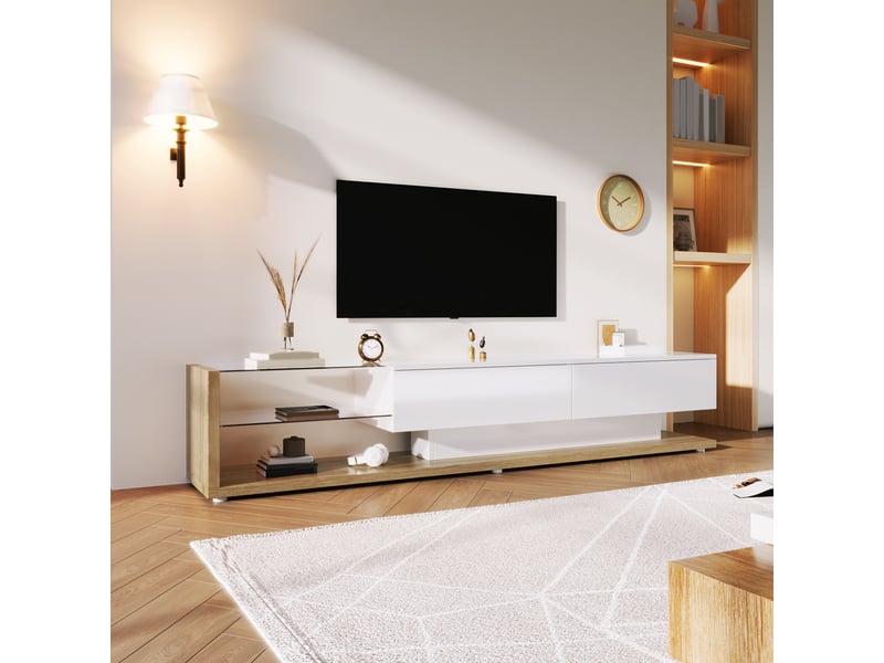  Meuble tv blanc brillant et bois, 170 cm, éclairage led  - Conforama E