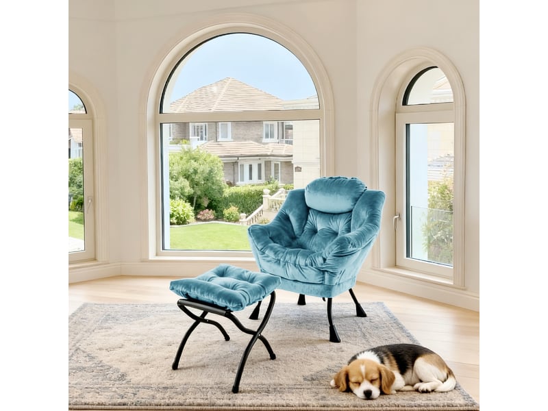  Fauteuil lounge avec repose-pieds 72x62x96cm – fauteuil relax de salon avec poche latérale et structure en métal – tissu velours - bleu  - Conforama E