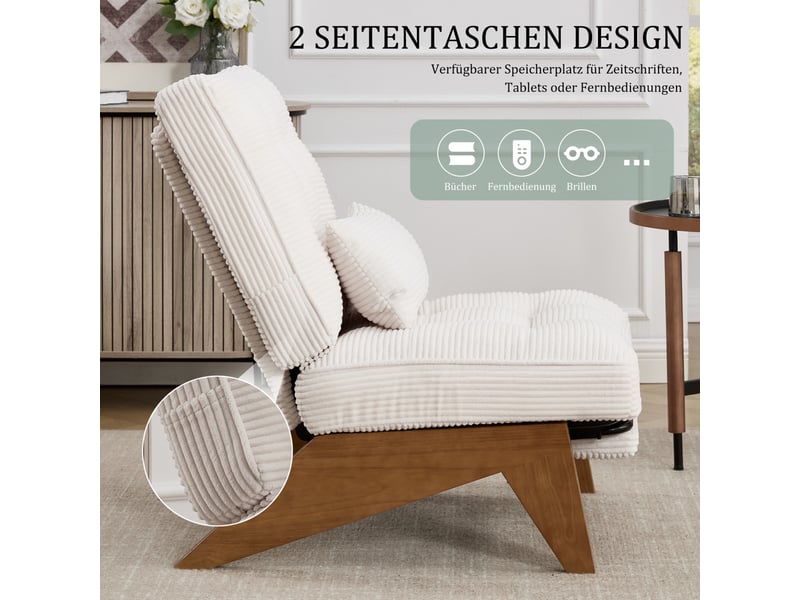  Fauteuil de salon 127x73x90cm – pas d'accoudoirs - avec repose-pieds rétractable, dossier inclinable et coussin lombaire – velours côtelé - beige  - Conforama D