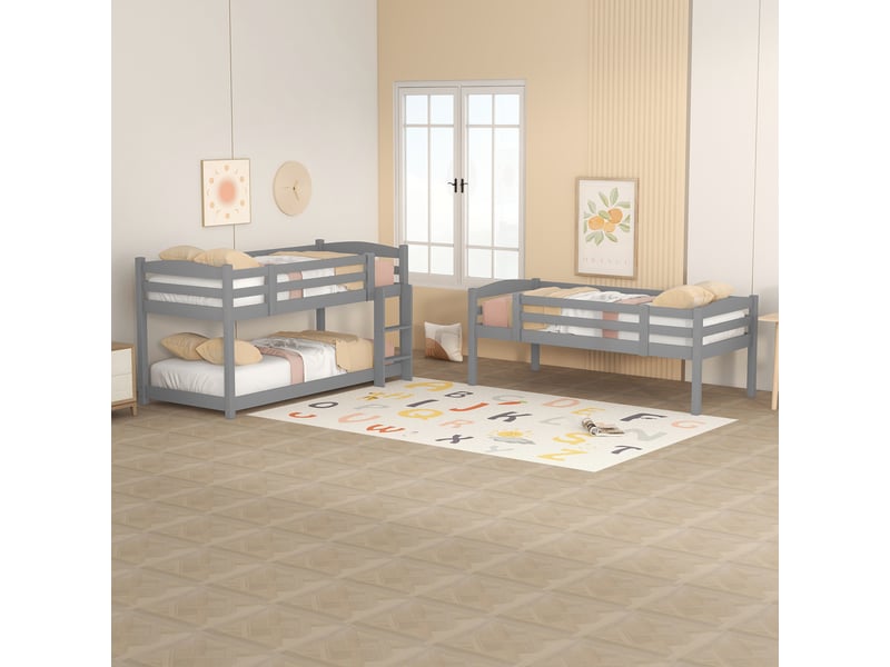 Lit superposé triple 90x200 en bois, lit superposé 3 places gris pour enfants, séparable avec échelles et barrières, sans matelas - Conforama R