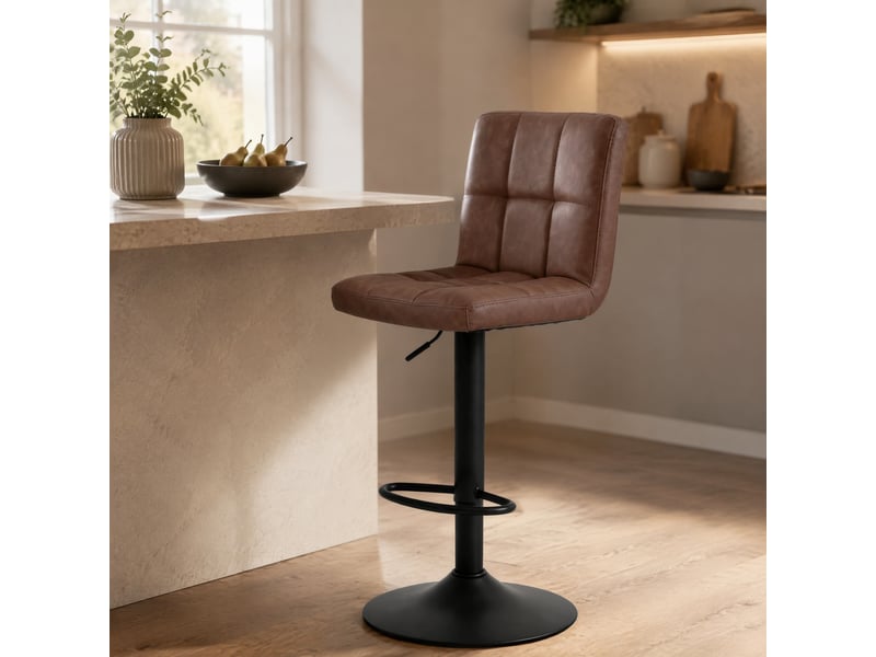  Tabouret de bar pivotant avec dossier et accoudoirs, hauteur réglable, en simili cuir et métal, marron foncé  - Conforama C