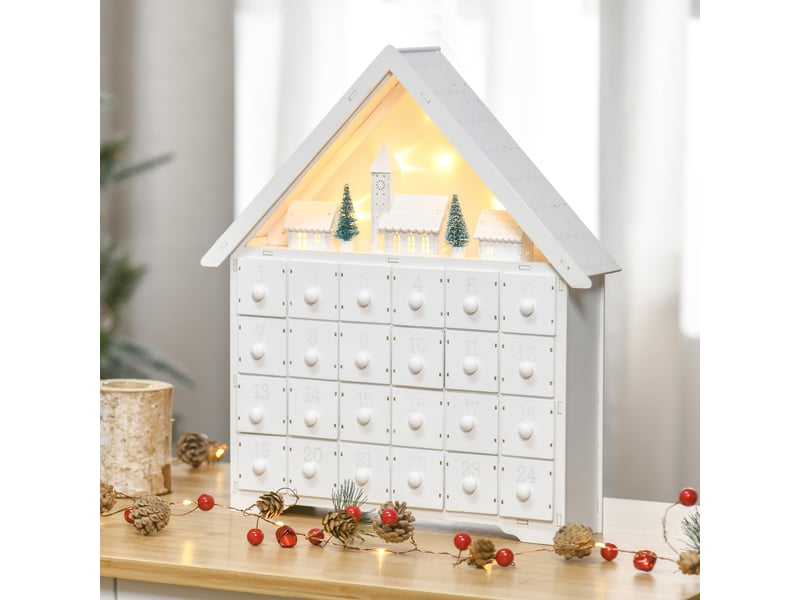 Calendrier de l'avent en bois à remplir, avec 24 tiroirs et village de noël décoré de sapins et de lumières, 39 x 9 x 42 cm  - Conforama C