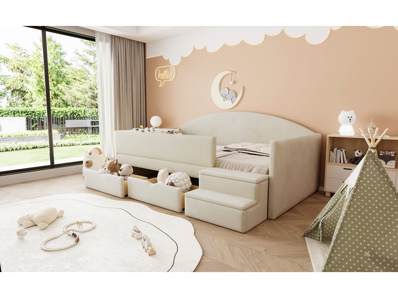  Lit banquette 90 x 190 cm, tiroirs de rangement, marches d’accès, barrières latérales, structure rembourrée, pour la chambre, velours, beige ABC - Conforama E