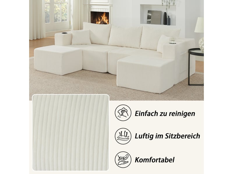 Canapé d'angle, canapé modulable, 3 places, en velours tricoté, beige, porte-gobelets, poches latérales - Conforama W