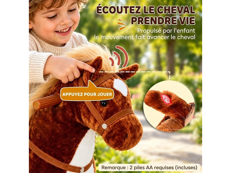  Cheval debout mobile en peluche effets sonores hennissement galop selle marron  - Conforama D