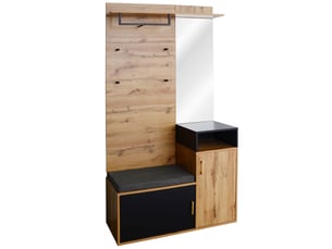 Vestiaire d'entrée avec banc miroir et 4 crochets noir et coloris bois 105x40x191.5 cm
