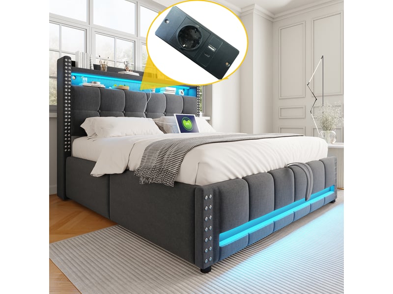  Lit coffre 140x200 cm gris – led, port usb et tête avec étagères intégrées  - Conforama D