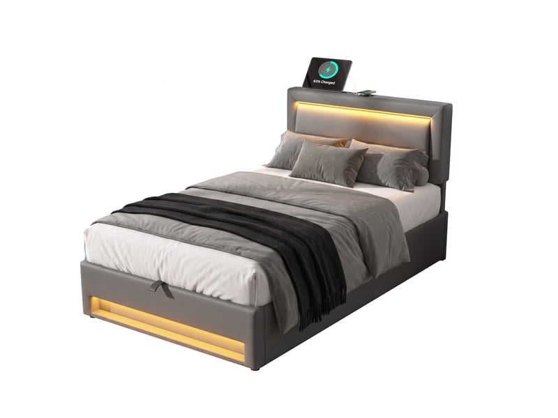  Lit coffre 90x190 cm en pu gris avec led, usb et recharge sans fil  - Conforama A