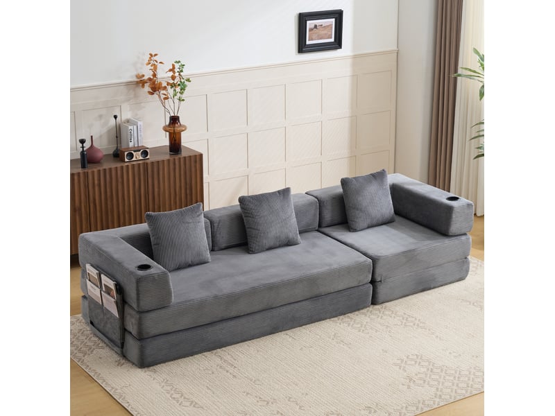 Canapé convertible 277.5x92.5x60 cm 3 places avec porte-gobelets et poches latérales — gris foncé sans matelas  - Conforama B