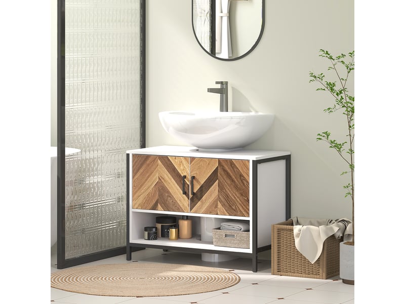  Meuble sous-évier à 2 portes et compartiment ouvert pour évier avec ou sans colonne, 80 x 40 x 60 cm, crème et noyer  - Conforama D