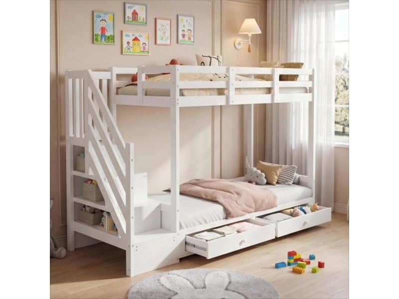  Lit superposé enfant blanc 90x200 cm avec escalier de rangement, 2 tiroirs, convertible en canapé – sans matelas  - Conforama D