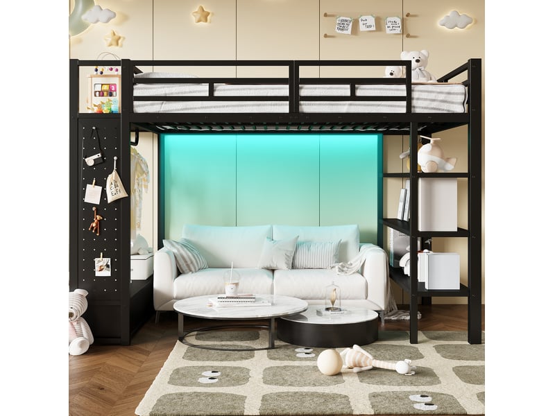 Lit mezzanine avec led 140x200 cm, lit enfant, penderie ouverte, tiroirs, rangement, métal et mdf, noir sans matelas  - Conforama B