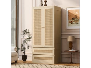 Armoire penderie 70x55x170 cm – double porte, tiroirs et étagères – portes en rotin artificiel – couleur bois