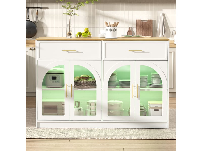  Desserte de cuisine led avec 2 tiroirs, étagères réglables et portes vitrées, en mdf, blanc, 135 × 55 × 91 cm  - Conforama C