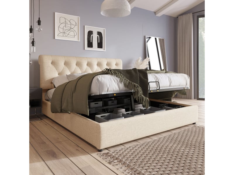  Lit 160x200 cm avec coffre hydraulique, tête de lit réglable, sommier métallique, cadre contemporain naturel  - Conforama B