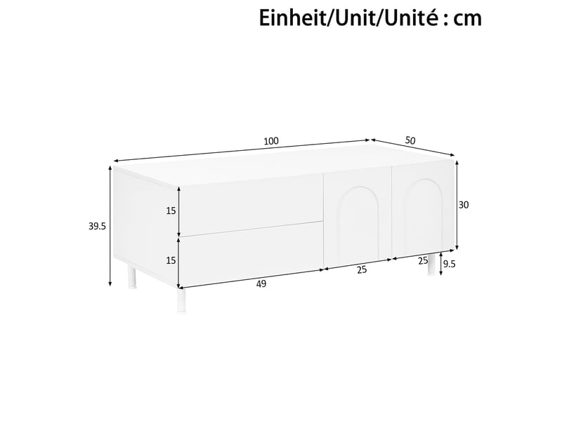  Table basse 100x50x39,5 cm, 2 tiroirs, 2 portes, grand rangement, style scandinave, pieds métal pour salon et séjour - blanc  - Conforama C