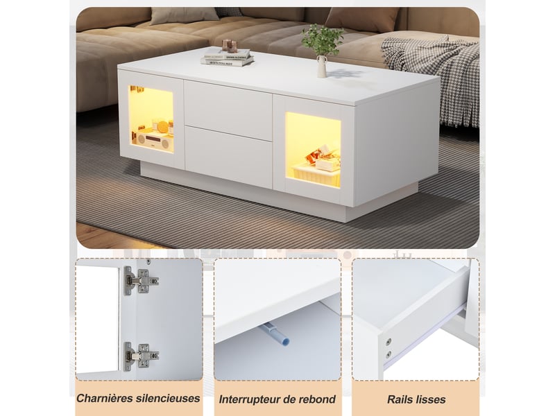  Table basse moderne, 2 tiroirs 2 portes rangement et led, table d'appoint rectangulaire salon, 100x50x40 cm blanc brillant  - Conforama E