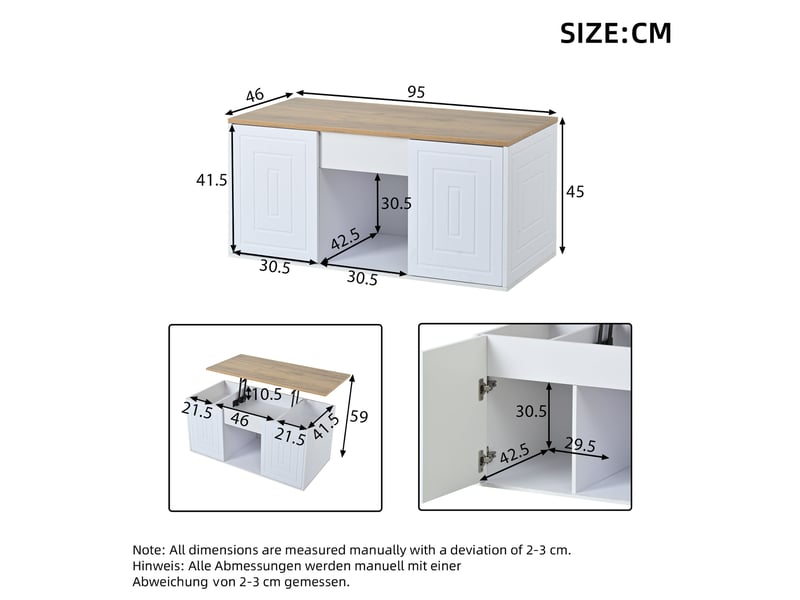 Table basse relevable 95x46x45 cm, hauteur réglable jusqu’à 59 cm, 2 portes, design épuré pour salon ou bureau, bois, blanc et naturel Sol Morn - Conforama C