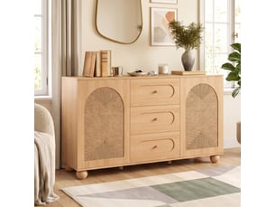 Buffet effet bois naturel avec 2 portes en cannage et 3 tiroirs