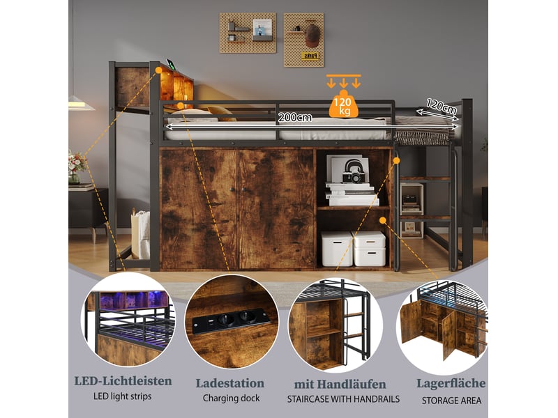 Lit mezzanine 120x200 cm, armoire, niches, led, prise, échelle, métal et mdf, noir et décor bois, sans matelas - Conforama E