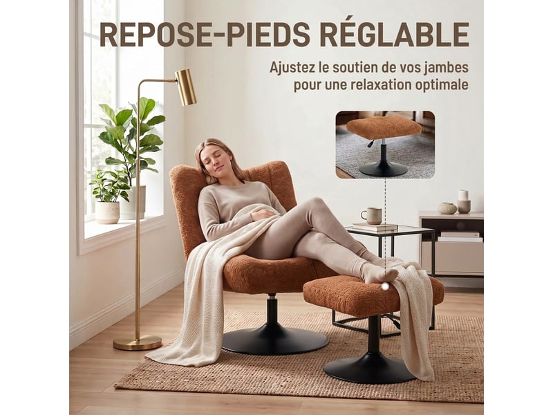  Fauteuil de salon avec repose-pied réglable, fauteuil d'appoint capitonné en velours effet motifs gouttes d'eau, marron  - Conforama D