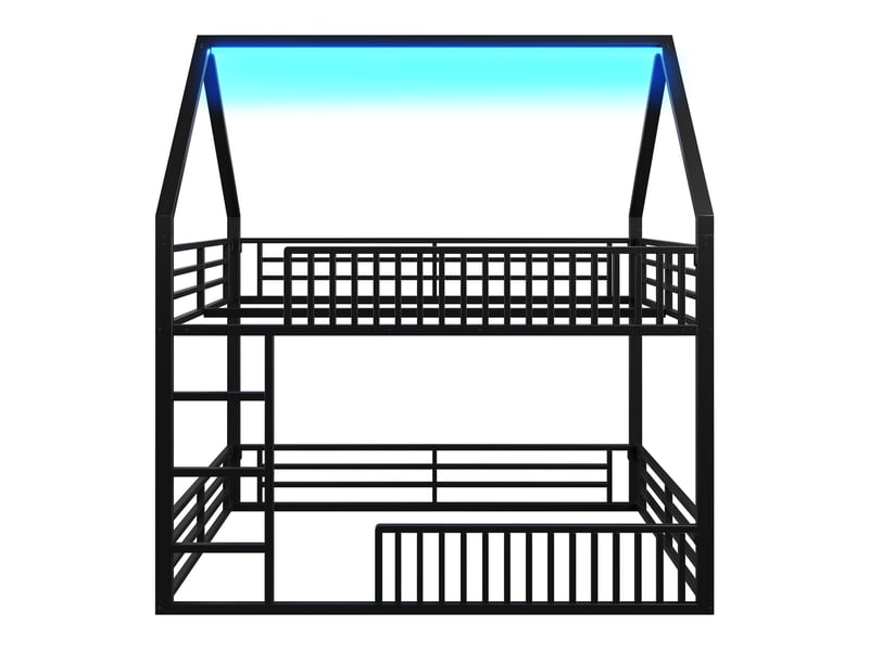  Lit cabane surélevé noir 140×200 cm en métal, barrières de protection, toit en forme de maison et led à 7 couleurs  - Conforama A
