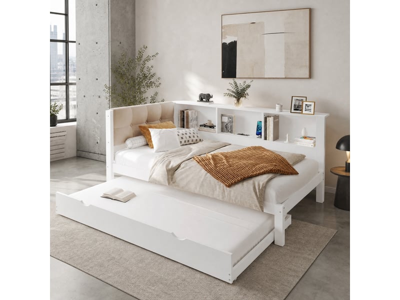  Lit gigogne 90x200 cm avec étagères, led et usb, blanc  - Conforama C