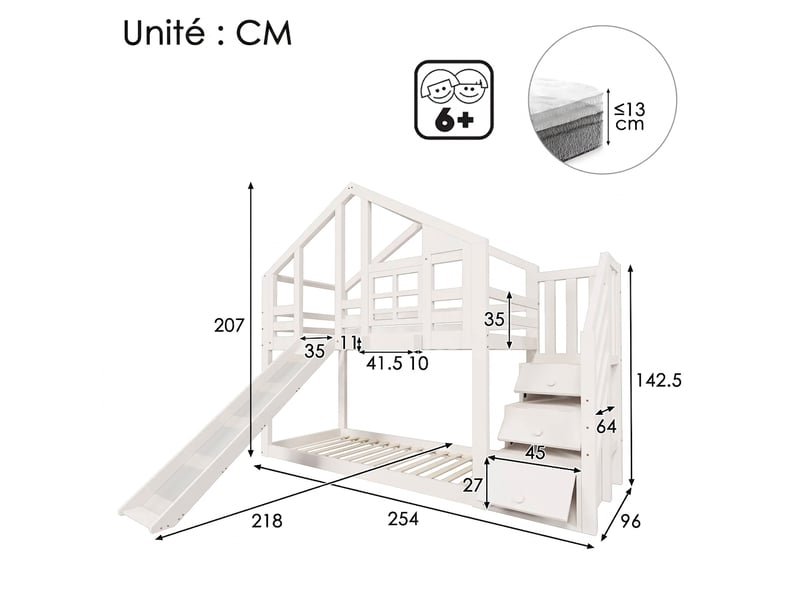 Lit cabane superposé 90x200 avec toboggan et barrière de sécurité - bois massif - blanc - Conforama C