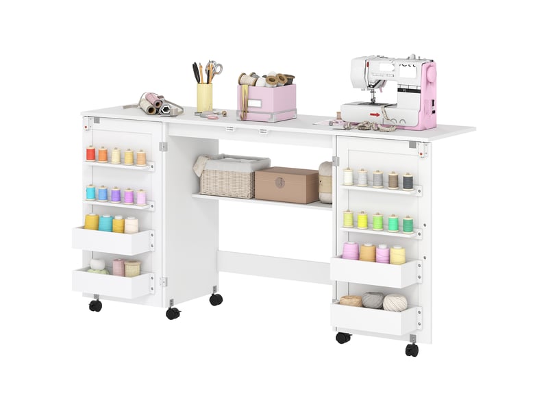Table pliante pour machine à coudre avec étagères, 20 crochets, roulettes verrouillables, blanche - Conforama B