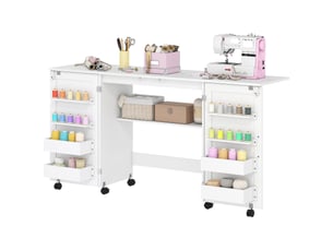 Table pliante pour machine à coudre avec étagères, 20 crochets, roulettes verrouillables, blanche