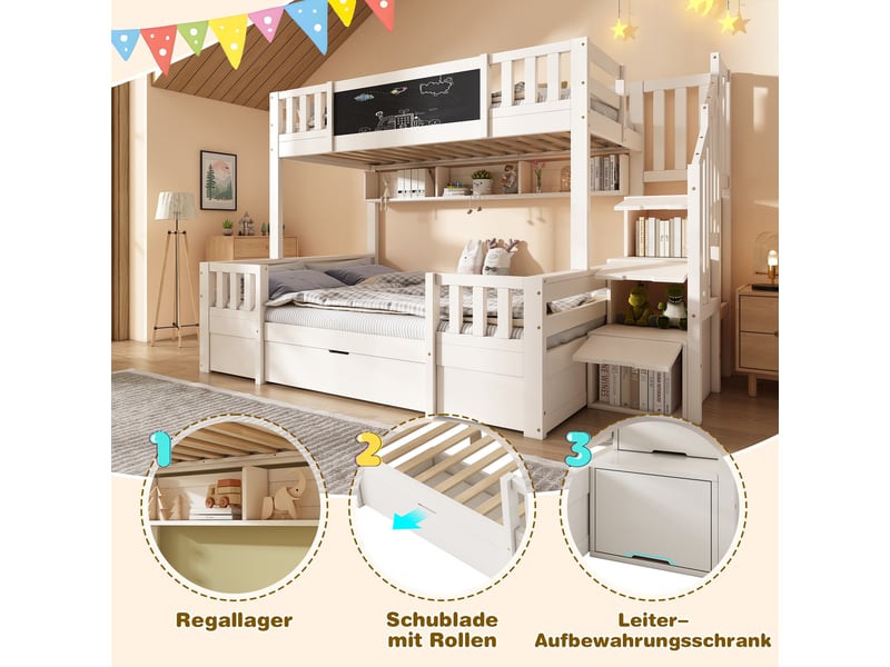  Lit superposé pour 3 enfants 90x200 et 140x200 en bois massif blanc avec tableau à craie et escalier de rangement  - Conforama R
