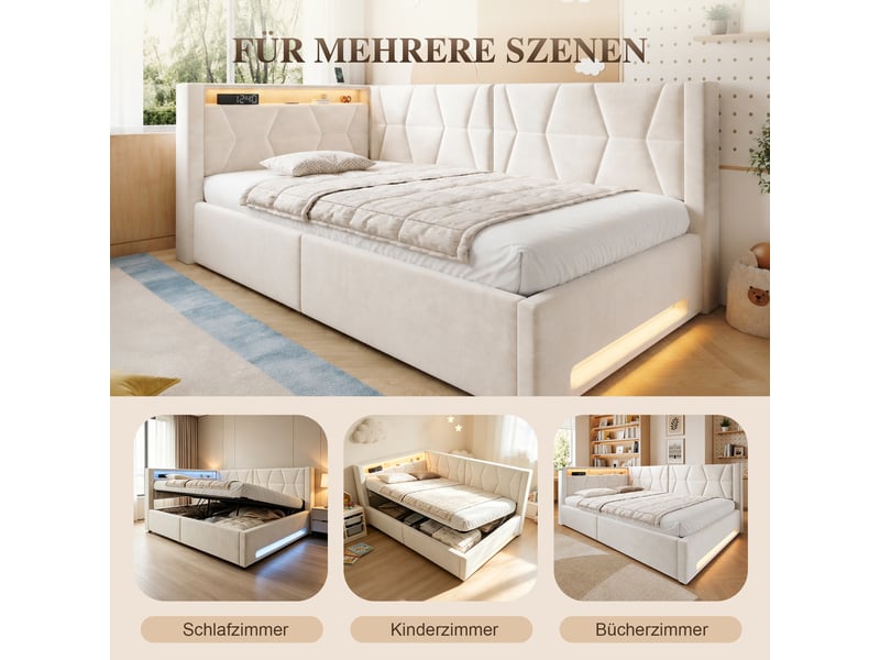  Lit coffre 90x200 cm, lit enfant, sommier à lattes, rangement hydraulique, led, usb et usb-c, velours beige  - Conforama W