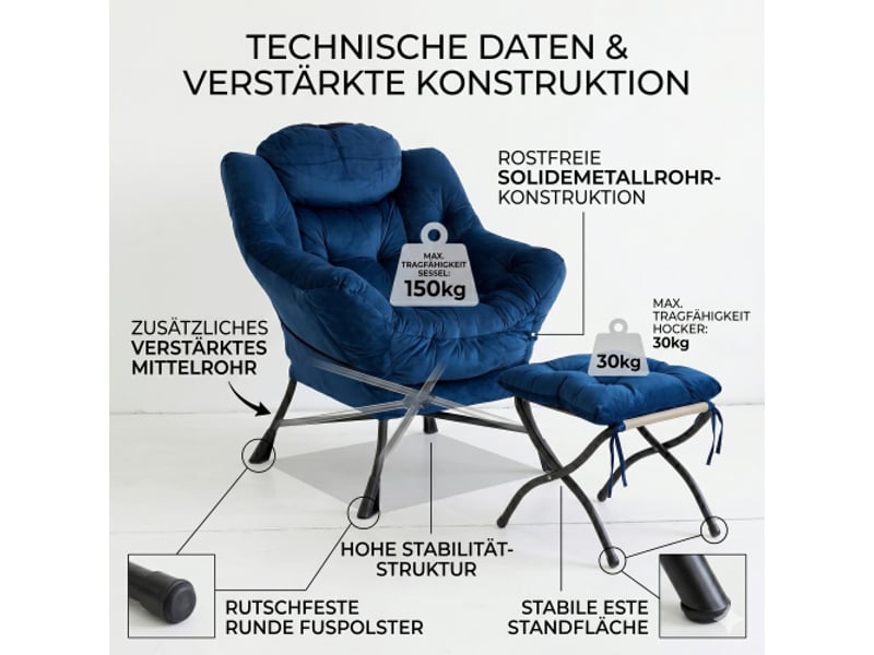  Fauteuil avec repose-pieds - fauteuil inclinable avec accoudoirs, poche latérale - fauteuil à oreilles - bleu foncé  - Conforama C