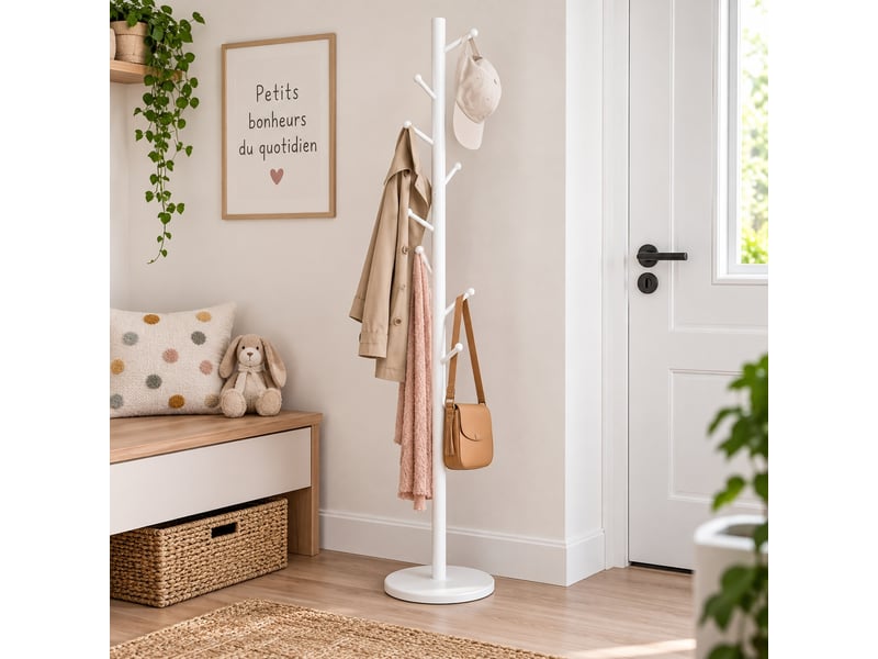  Portemanteau sur pieds en métal blanc mat avec 8 armes pour entrée &amp; chambre – longueur 37 x profondeur 37 x hauteur 175 cm  - Conforama B