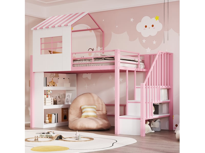  Lit enfant en mezzanine, 90 x 200 cm, lit simple avec escalier aménagé, matelas non inclus, mdf et métal, coloris noir  - Conforama B