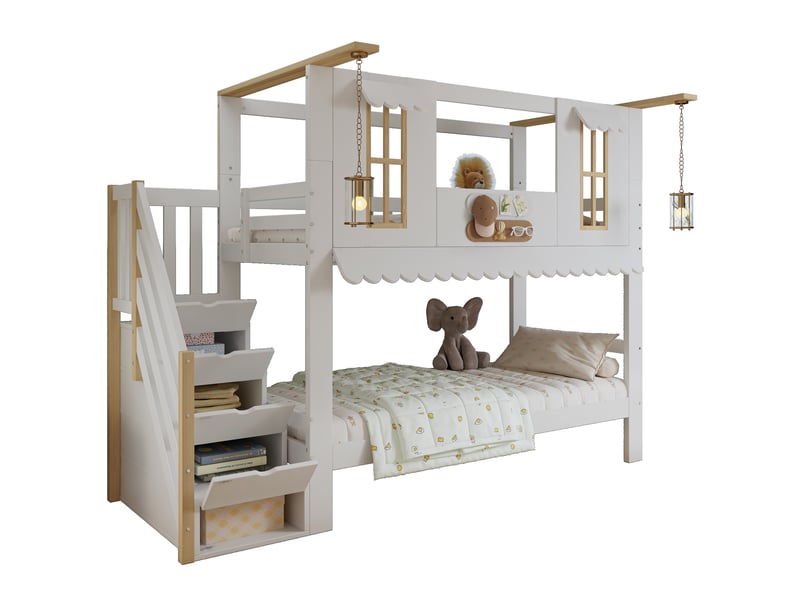 Lit superposé enfant 90x200 cm avec escalier de rangement, blanc et naturel - Conforama A