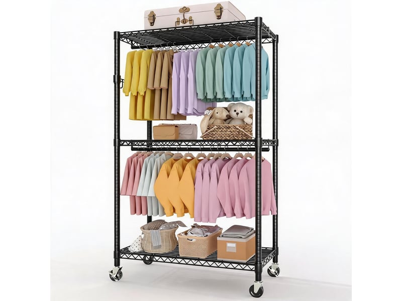  Portant à vêtements robuste 3 niveaux sur roulettes – étagères réglables,  rangement vertical pour chambre, dressing, buanderie PHK_36P9TEPX - Conforama A
