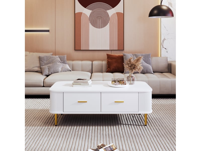  Table basse 4 tiroirs 105 x 51 x 38 cm en mdf blanc avec détails dorés  - Conforama D