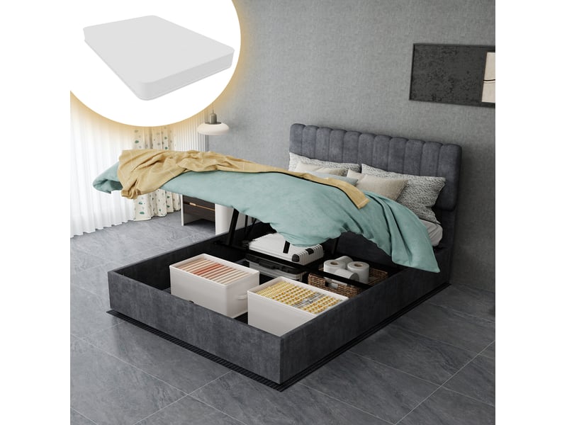  Lit coffre ulevr 140x200 cm avec tête de lit capitonnée, rangement relevable, matelas inclus, velours gris, structure métal  - Conforama D
