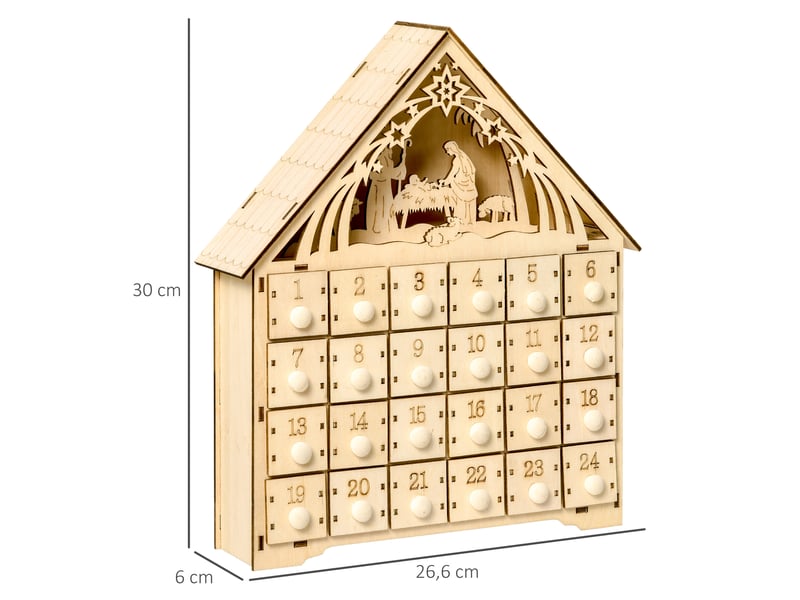  Calendrier de l'avent à remplir en bois, décoration de noël avec 24 tiroirs et 5 lumières led, 26,6x6x30cm, bois naturel  - Conforama E