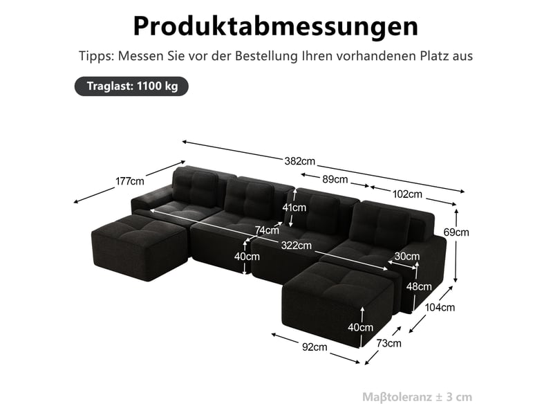  Canapé d'angle ulevr modulable 4 places en u avec méridiennes, velours côtelé noir, assise profonde 74 cm, 382 x 177 x 69 cm  - Conforama C