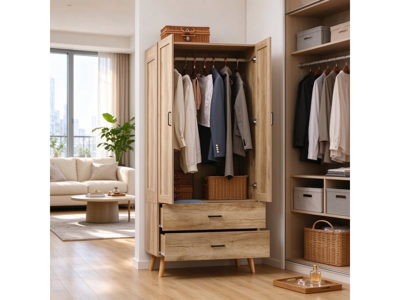  Armoire penderie 80x54x180 cm - 2 portes - 2 tiroirs - tringle - pieds en bois massif - panneaux - naturel CozyNest - Conforama E