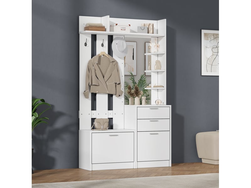  Meuble d'entrée avec miroir, 2 tiroirs, 2 range-chaussures basculants et 3 crochets, blanc, 110 × 34 × 185 cm  - Conforama C
