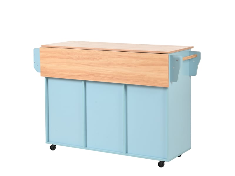 Desserte de cuisine bleue 139x46(71)x91,5 cm avec plateau rabattable, roulettes et finition bois massif  - Conforama D