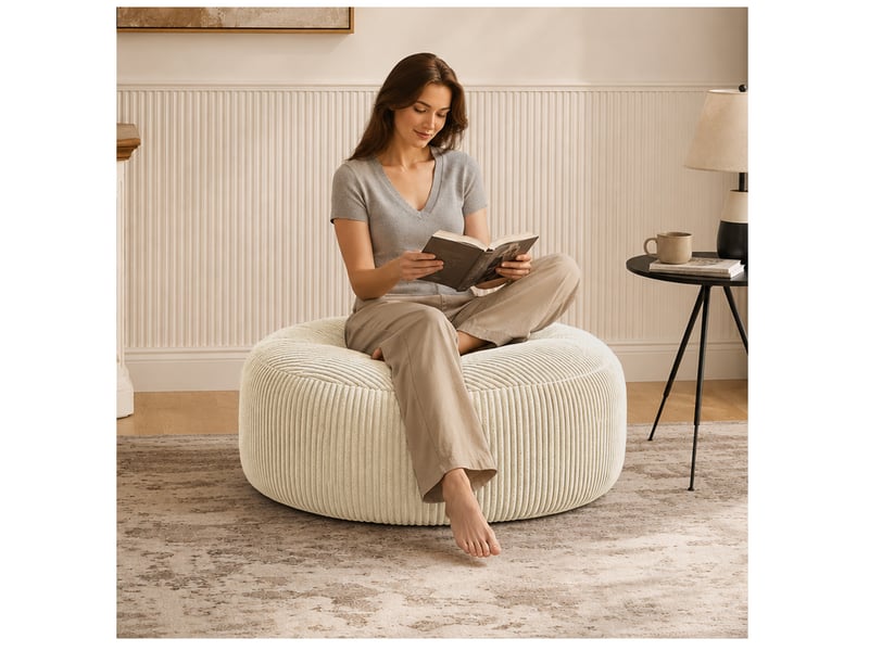  Fauteuil pouf rond 1 place avec garnissage en mousse à mémoire de forme, en velours côtelé blanc, 100 × 100 × 50 cm  - Conforama C