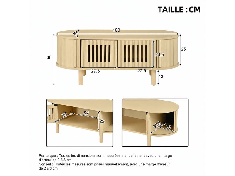  Table basse ovale avec rangement, 2 portes à lattes et porte coulissante, 100 x 40 x 38 cm, bois clair  - Conforama E