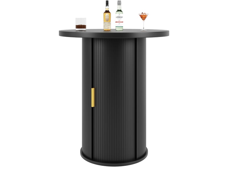  Table haute ronde avec 1 porte coulissante et 4 étagères de rangement pour salon et bar en mdf noir 60 × 60 × 91,6 cm  - Conforama A