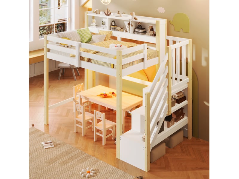 Lit mezzanine enfant 90 x 200 cm avec led, escalier de rangement et niches ouvertes blanc et naturel  - Conforama D