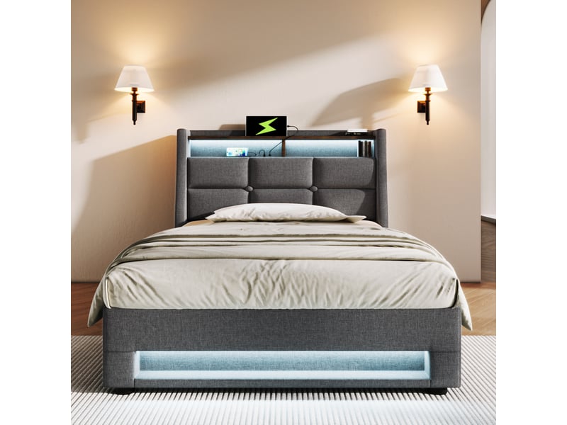 Lit coffre adulte 90x200 cm – gris – led, usb et rangement relevable avec sommier à lattes intégré - Conforama B